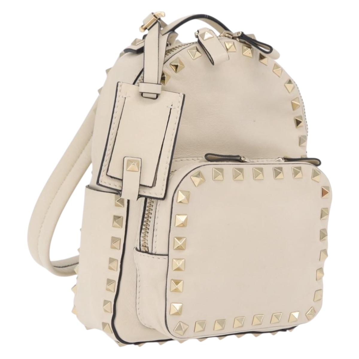Valentino Rock Studs Backpack Leather Ivory Gold Tone Auth BA16533