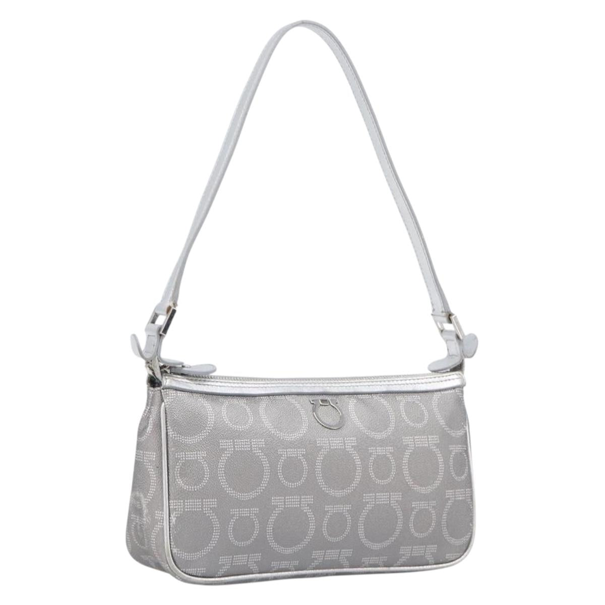 Salvatore Ferragamo Gancini Hand Bag Leather Silver Auth BA16577A