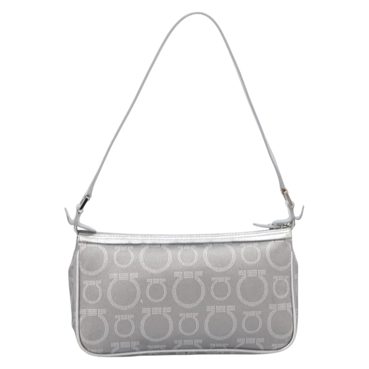 Salvatore Ferragamo Gancini Hand Bag Leather Silver Auth BA16577A