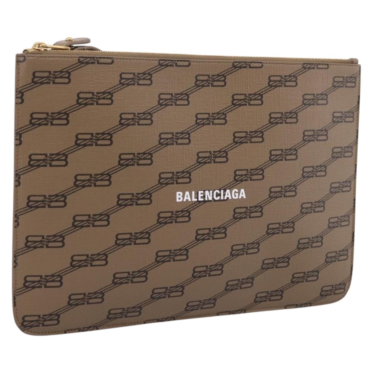 Balenciaga BB Monogram Clutch Bag PVC Leather Beige Gold 702627 Auth BA16586A
