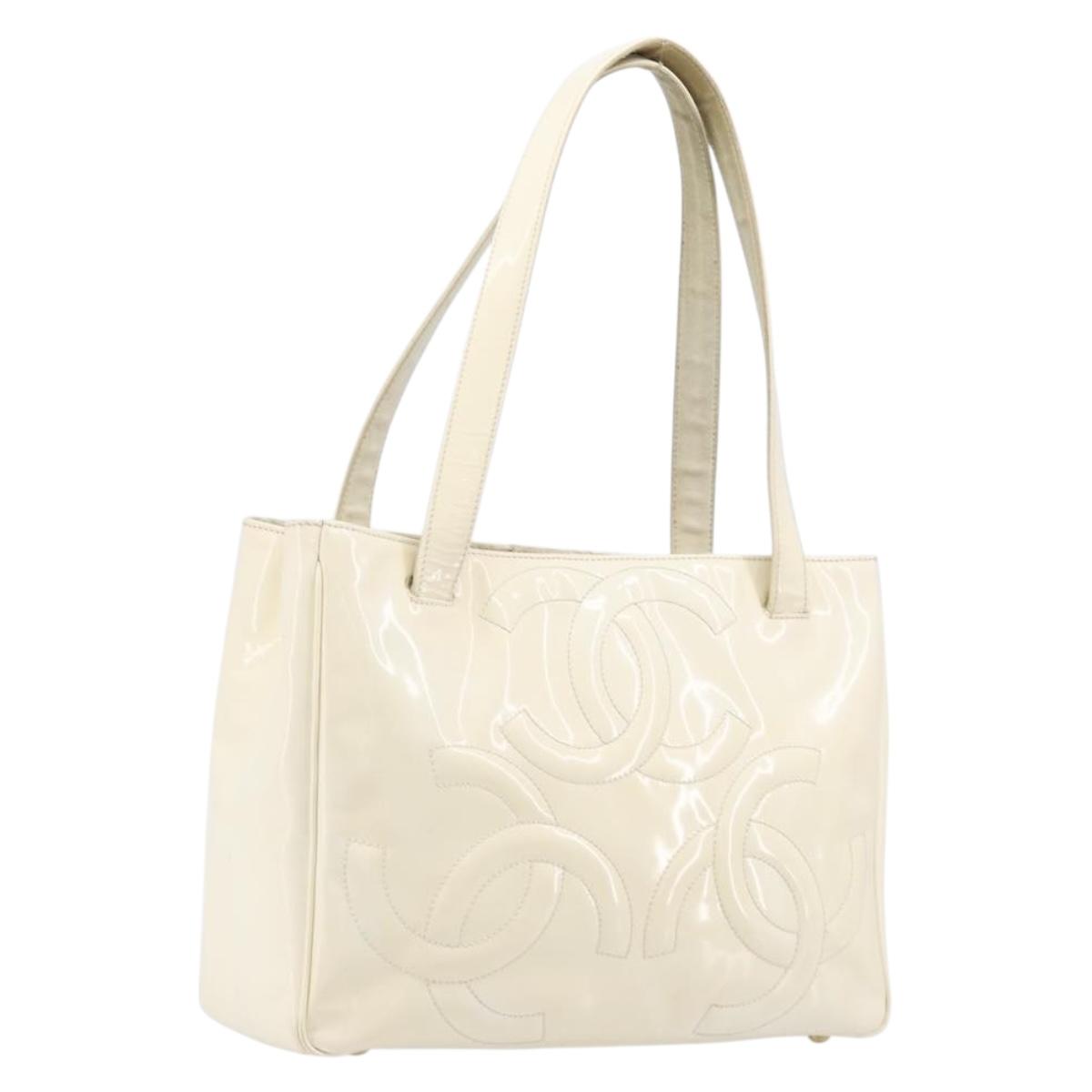 CHANEL Triple Coco Tote Bag Patent White Gold Tone CC Auth BA16587