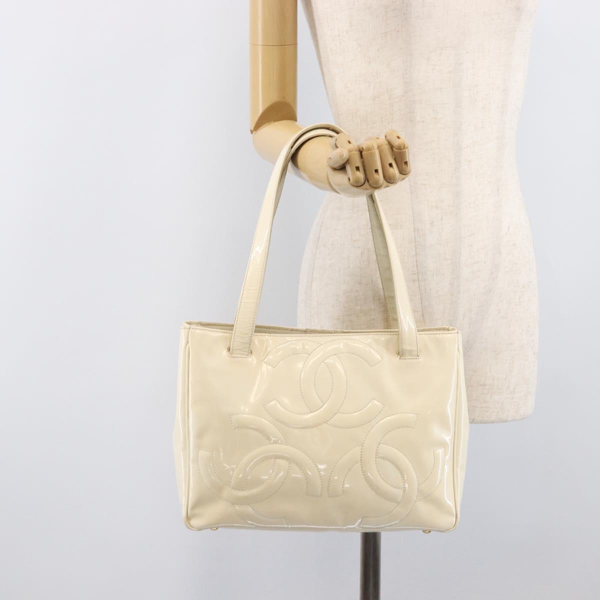 CHANEL Triple Coco Tote Bag Patent White Gold Tone CC Auth BA16587