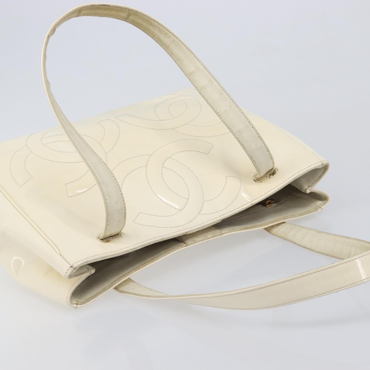 CHANEL Triple Coco Tote Bag Patent White Gold Tone CC Auth BA16587