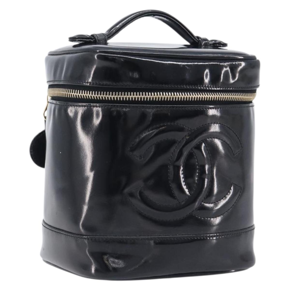 CHANEL COCO Mark Cosmetic Pouch patent Black Gold Tone CC Auth BA16589