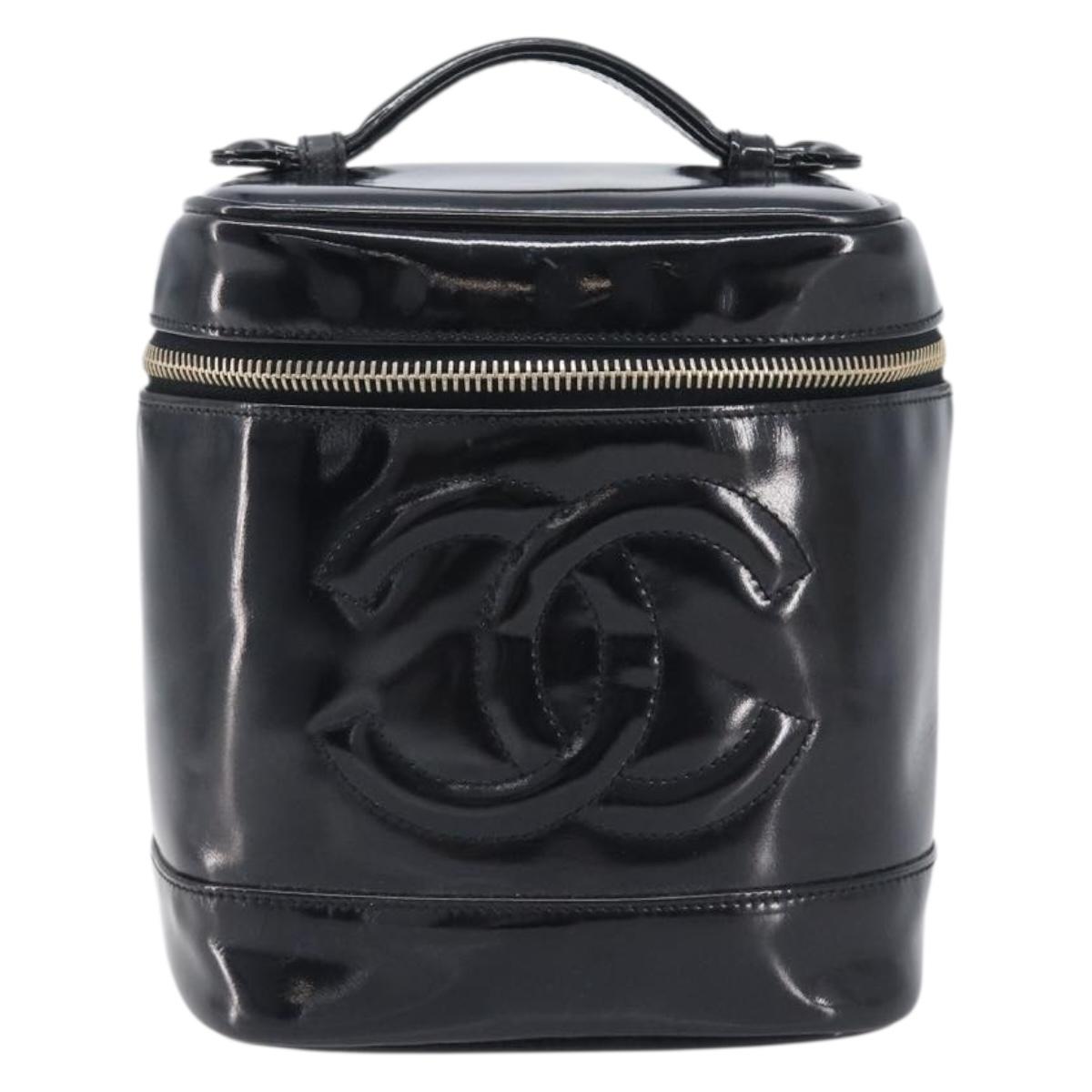 CHANEL COCO Mark Cosmetic Pouch patent Black Gold Tone CC Auth BA16589