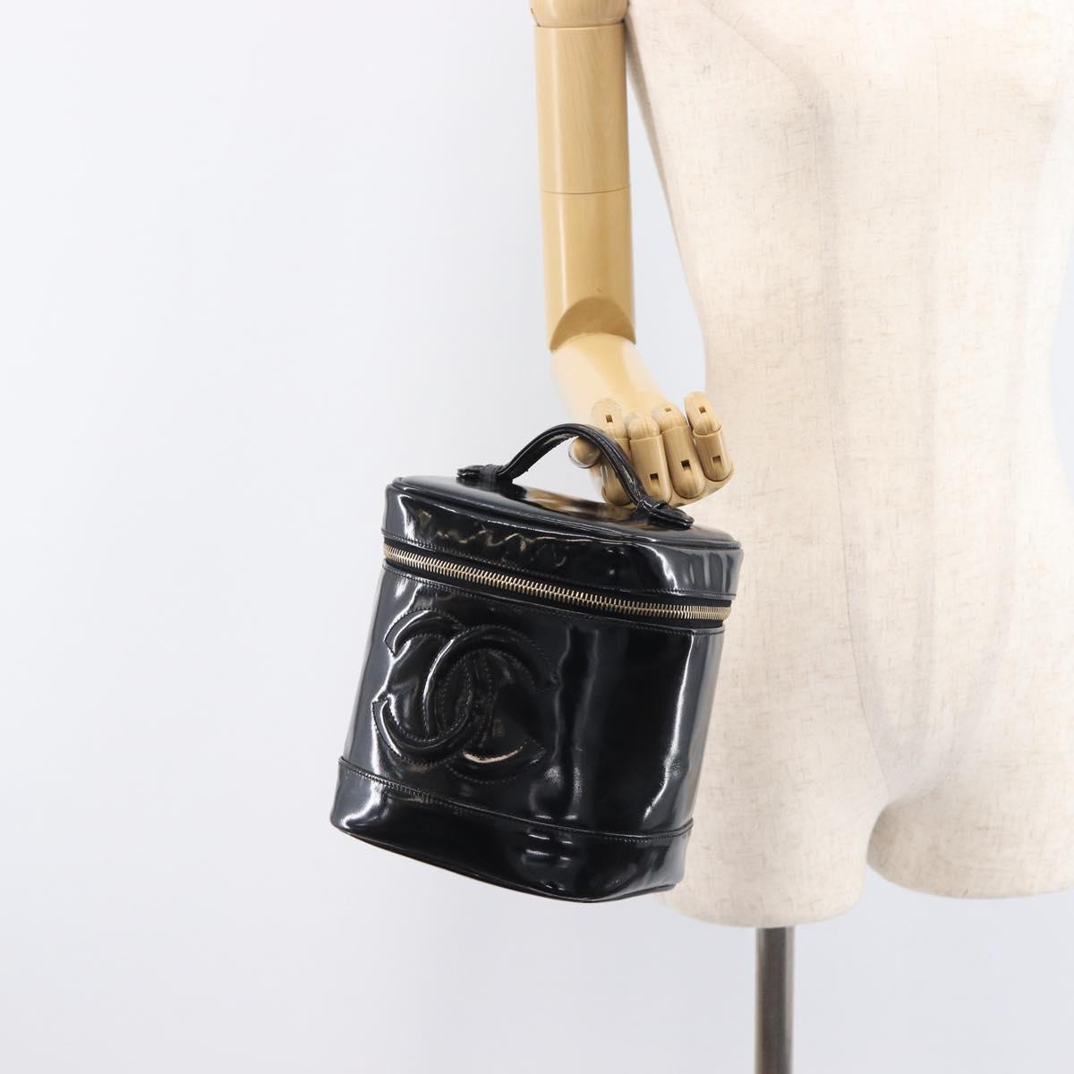CHANEL COCO Mark Cosmetic Pouch patent Black Gold Tone CC Auth BA16589