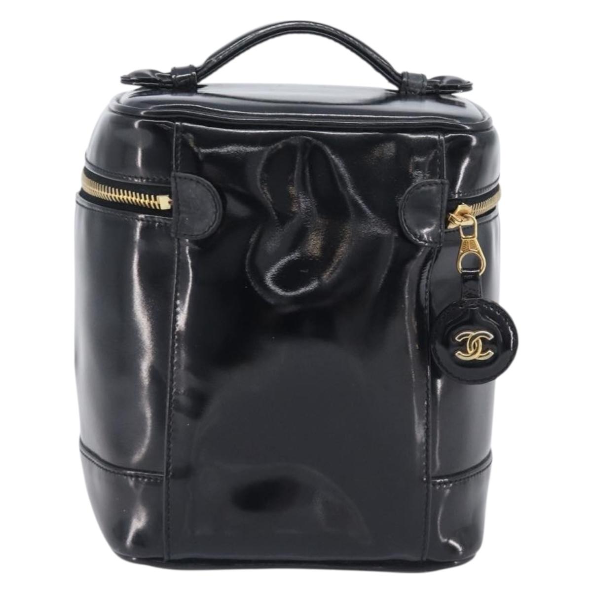 CHANEL COCO Mark Cosmetic Pouch patent Black Gold Tone CC Auth BA16589