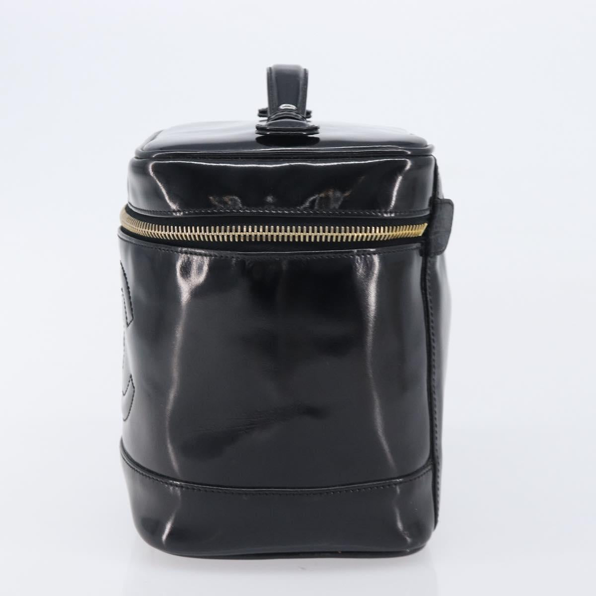 CHANEL COCO Mark Cosmetic Pouch patent Black Gold Tone CC Auth BA16589