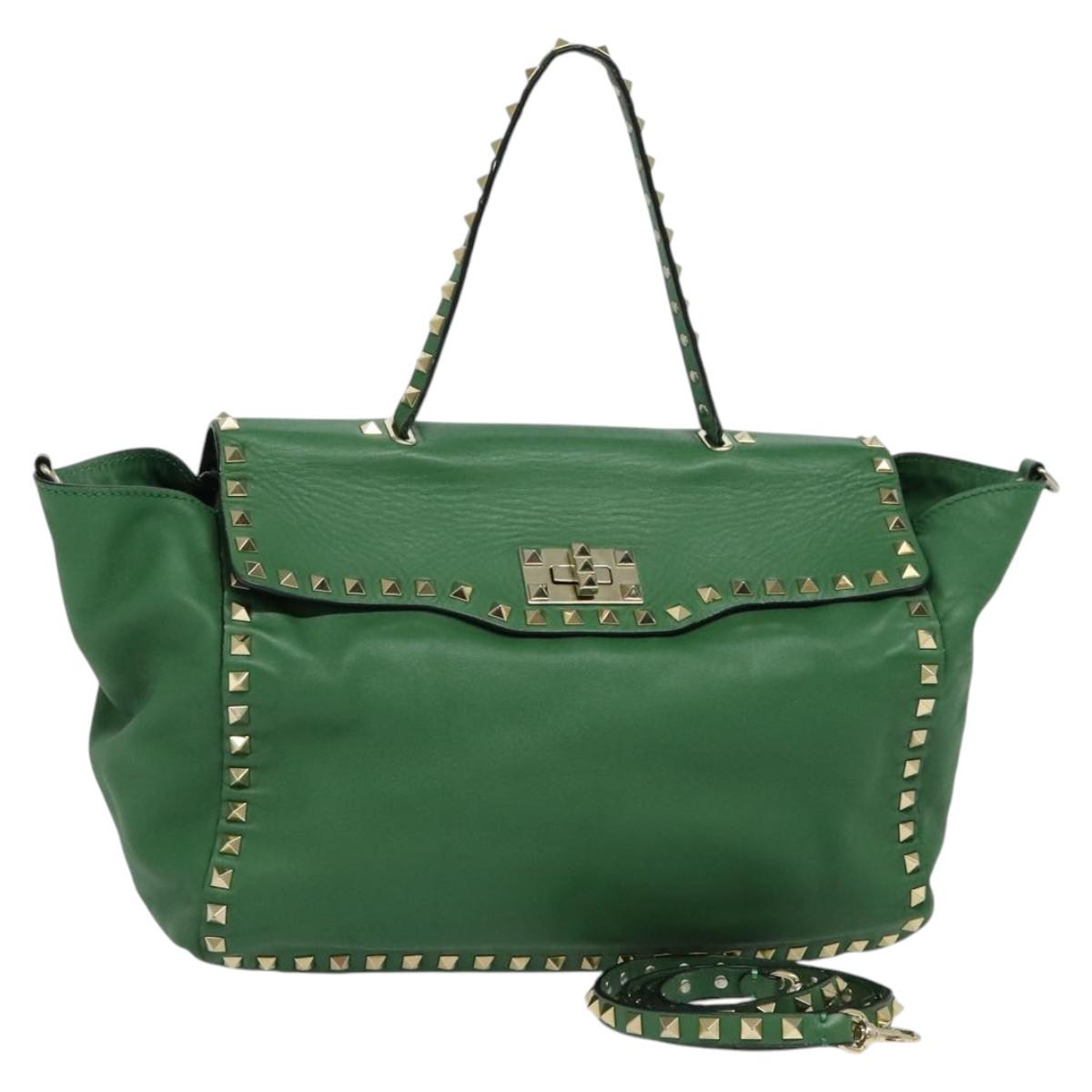 VALENTINO Studs Hand Bag Leather 2way Green Gold Auth BA1659V