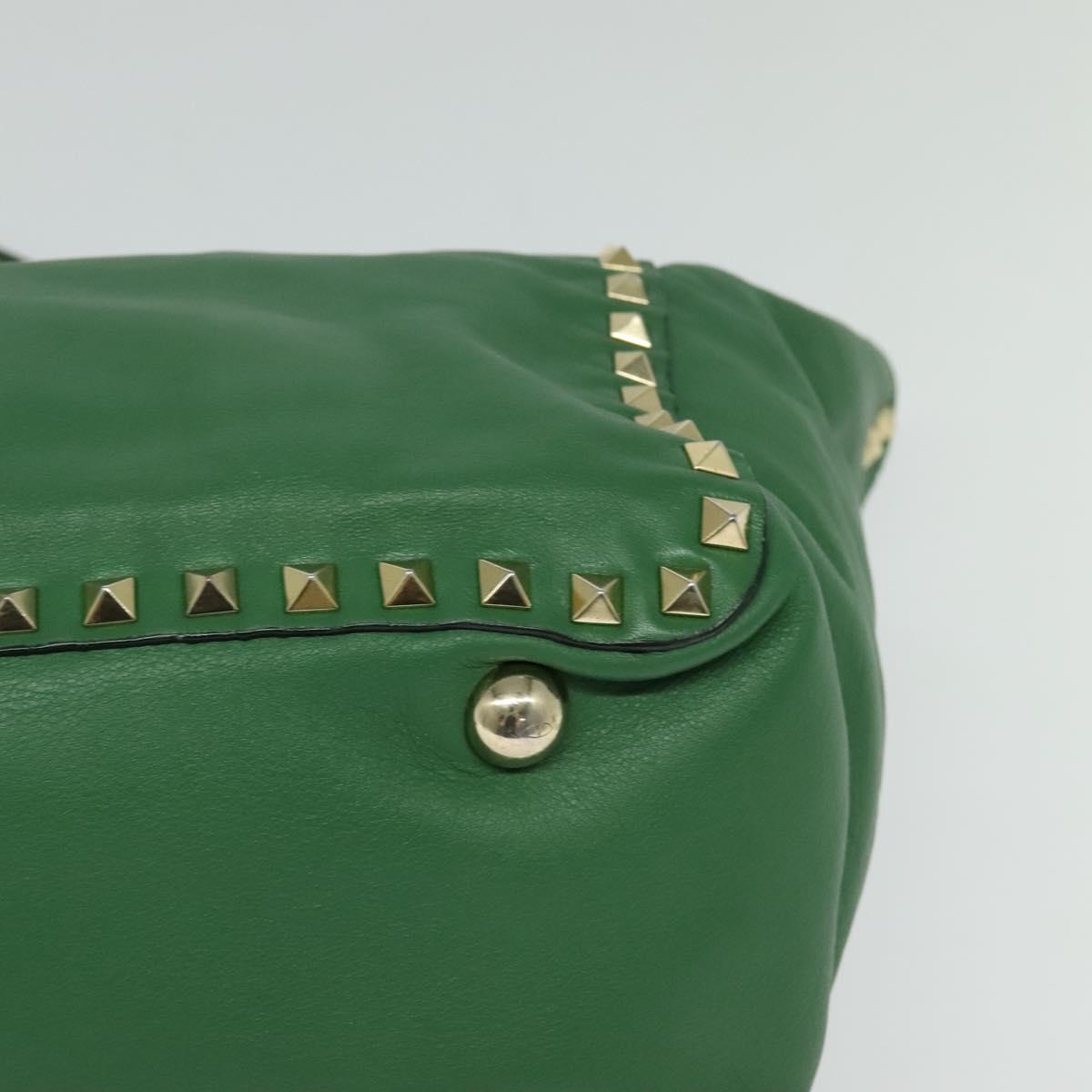 VALENTINO Studs Hand Bag Leather 2way Green Gold Auth BA1659V