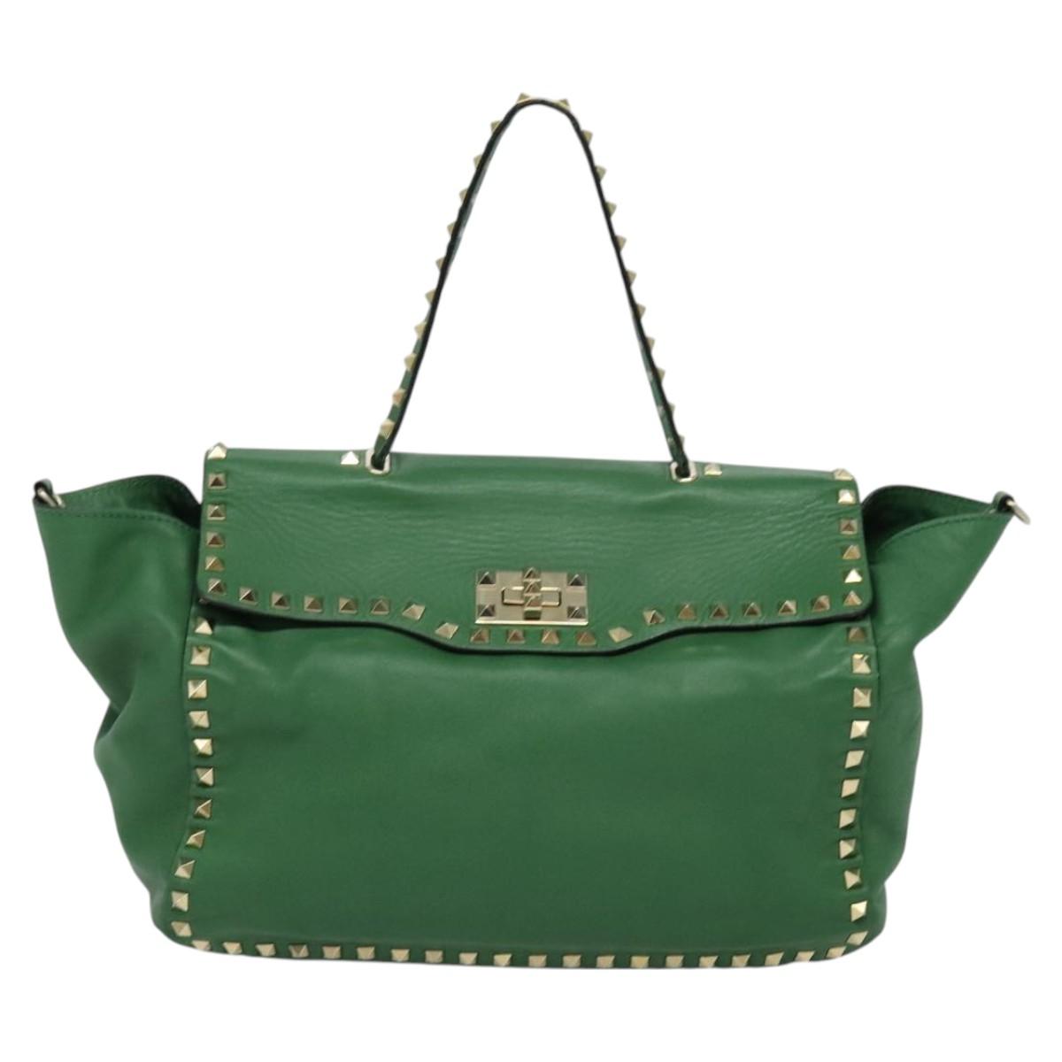 VALENTINO Studs Hand Bag Leather 2way Green Gold Auth BA1659V