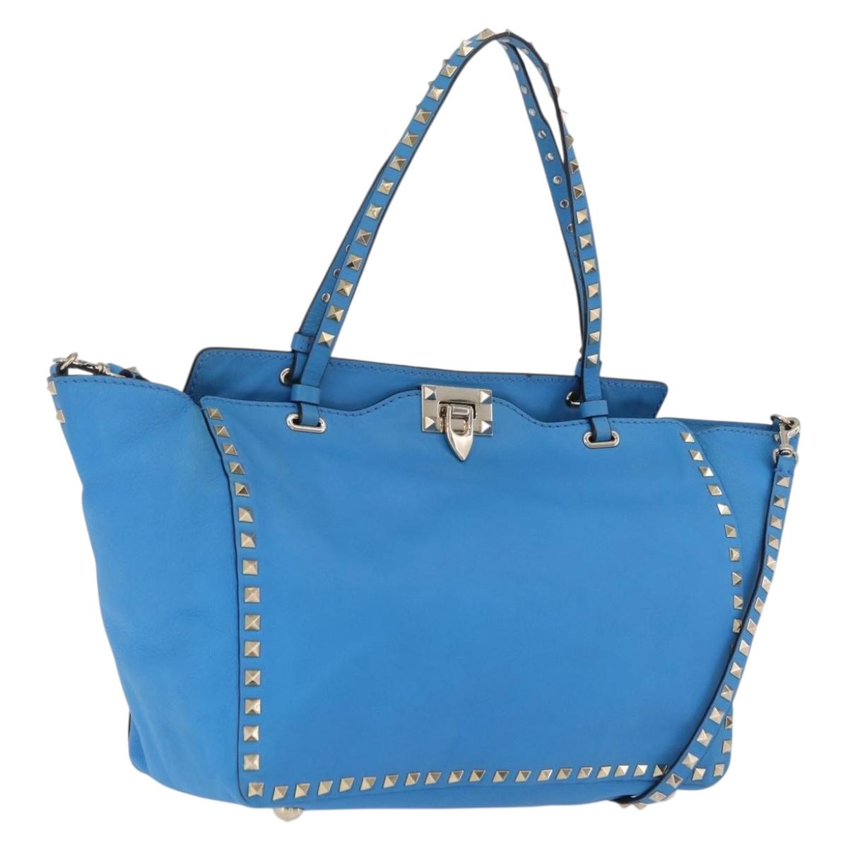 Valentino Rock Studs Tote Bag Leather 2way Blue Gold Tone Auth BA16595A