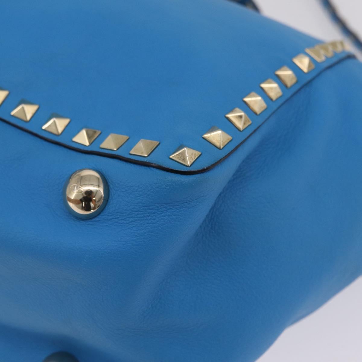 Valentino Rock Studs Tote Bag Leather 2way Blue Gold Tone Auth BA16595A