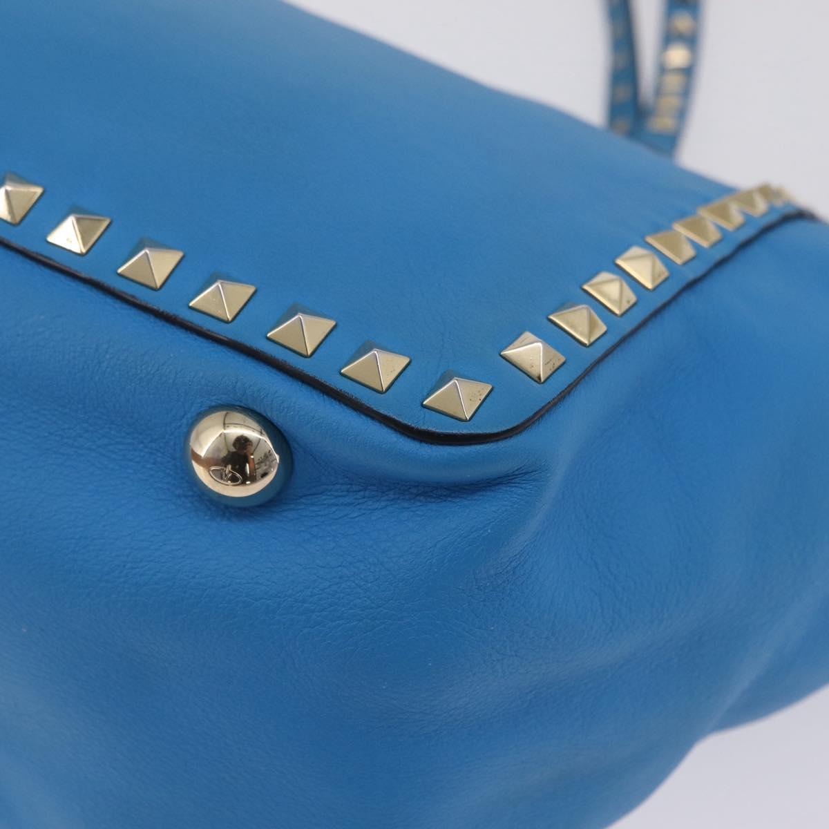 Valentino Rock Studs Tote Bag Leather 2way Blue Gold Tone Auth BA16595A