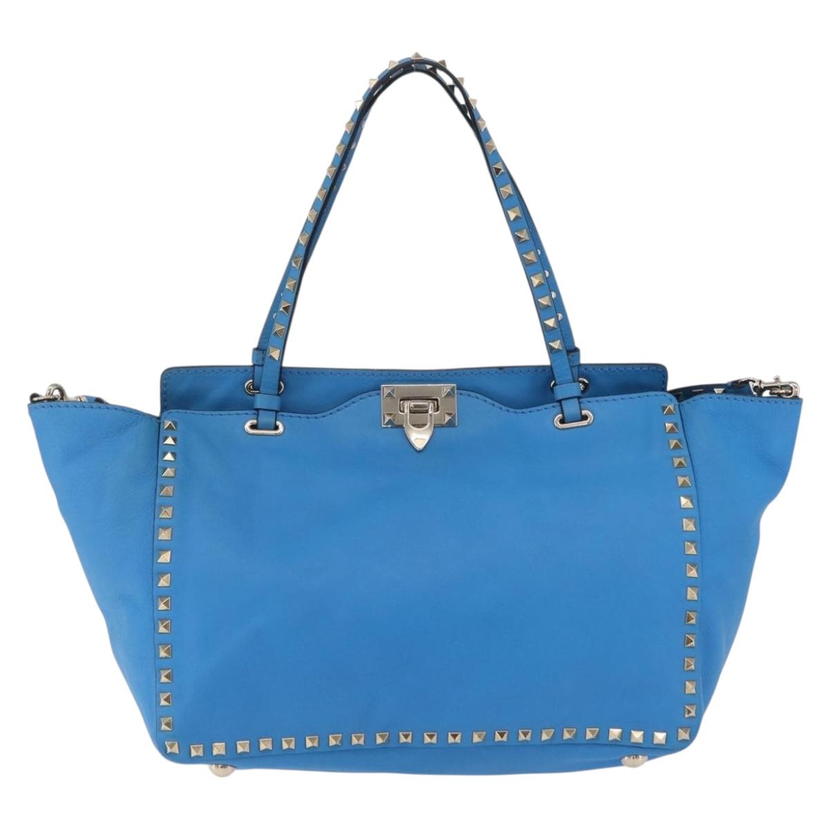 Valentino Rock Studs Tote Bag Leather 2way Blue Gold Tone Auth BA16595A