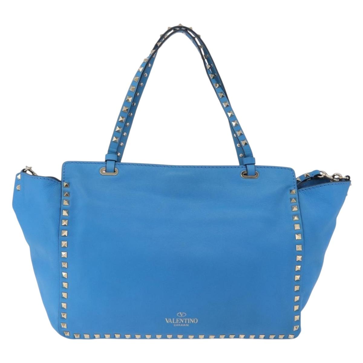 Valentino Rock Studs Tote Bag Leather 2way Blue Gold Tone Auth BA16595A