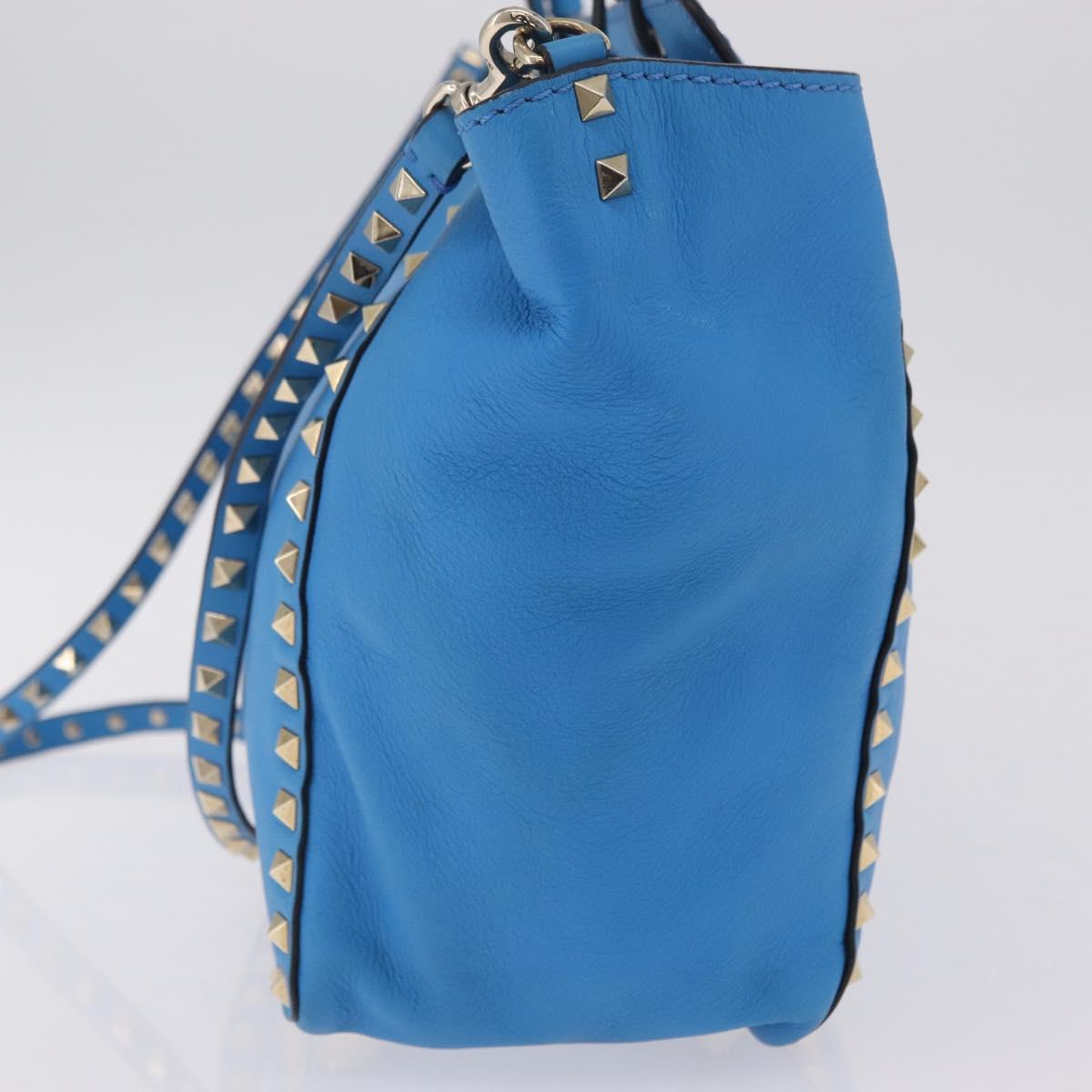 Valentino Rock Studs Tote Bag Leather 2way Blue Gold Tone Auth BA16595A