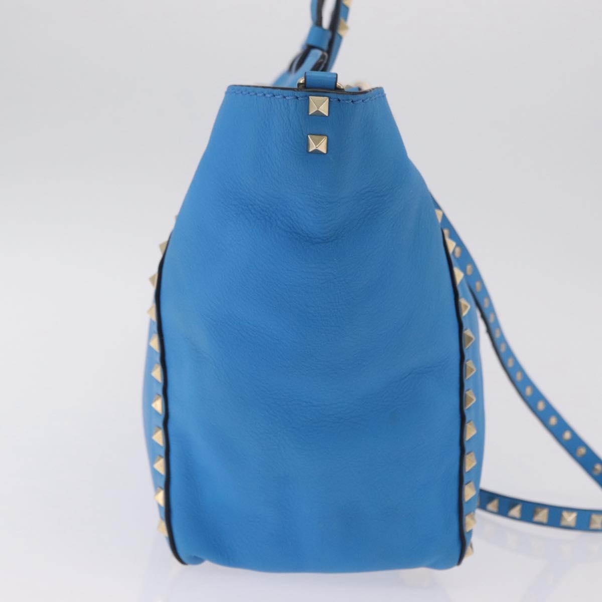 Valentino Rock Studs Tote Bag Leather 2way Blue Gold Tone Auth BA16595A