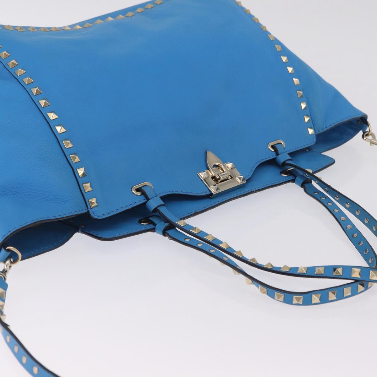 Valentino Rock Studs Tote Bag Leather 2way Blue Gold Tone Auth BA16595A