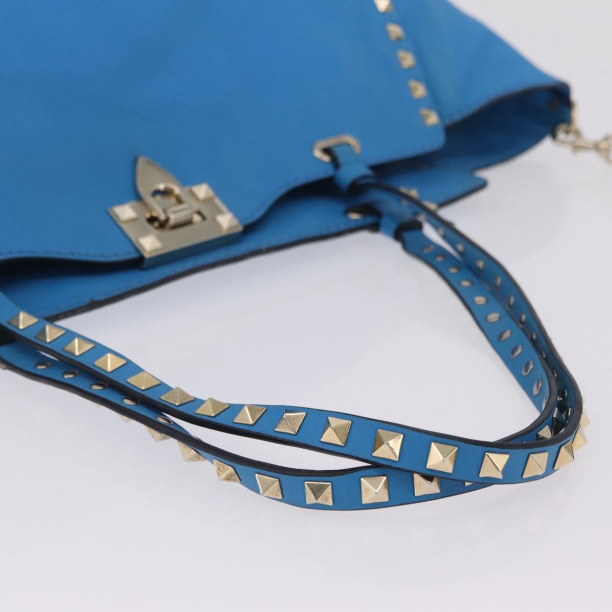 Valentino Rock Studs Tote Bag Leather 2way Blue Gold Tone Auth BA16595A