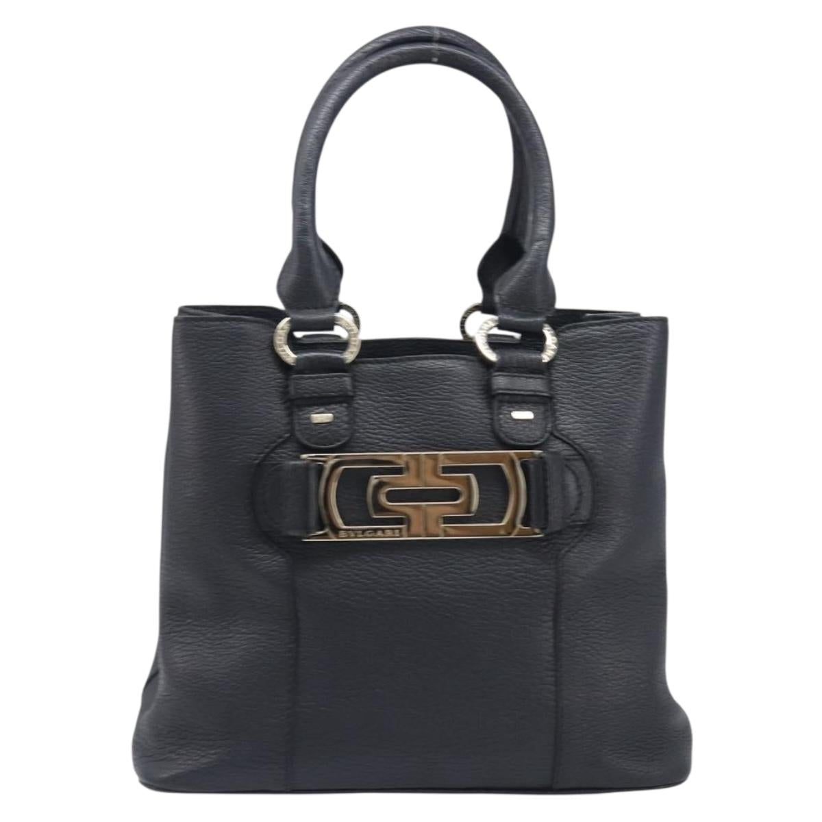 BVLGARI Parentesi Tote Bag Leather Black Gold Tone Auth BA16598V