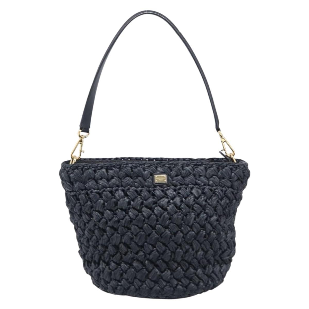 Dolce & Gabbana Shoulder Bag Raffia Navy Gold Tone Auth BA16600A