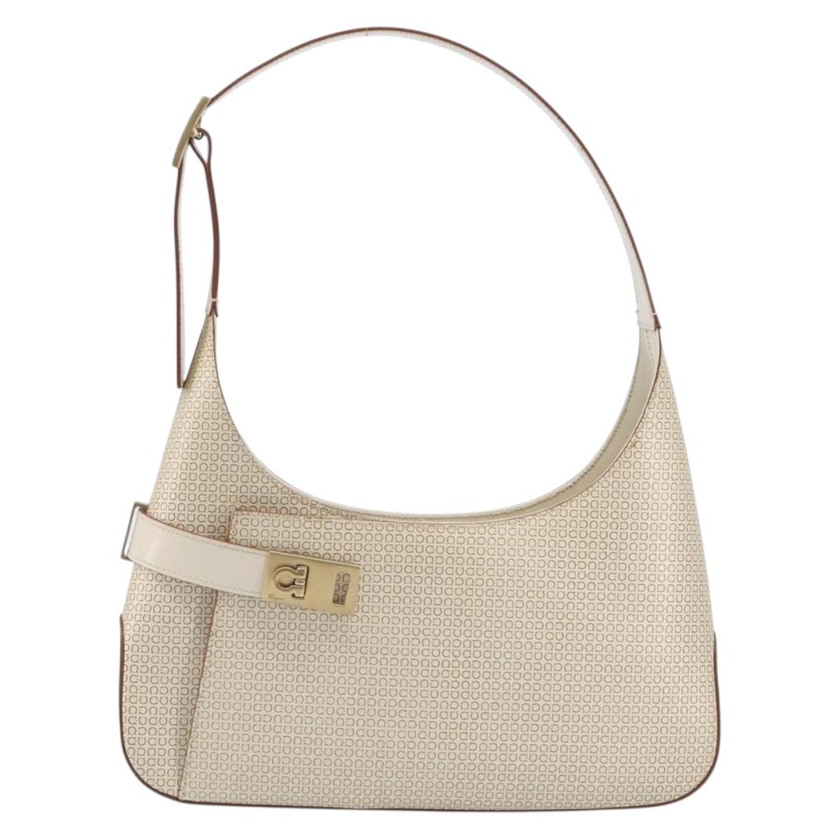 Salvatore Ferragamo Gancini Hand Bag Leather Beige Gold Tone Auth BA16601A