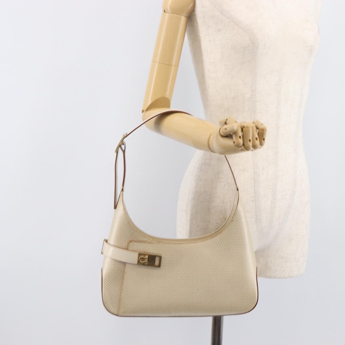 Salvatore Ferragamo Gancini Hand Bag Leather Beige Gold Tone Auth BA16601A