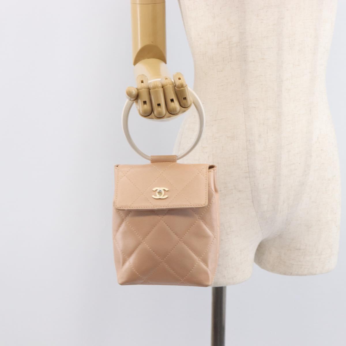 CHANEL Matelasse Hand Bag Leather Beige Gold Tone CC Auth BA16602V