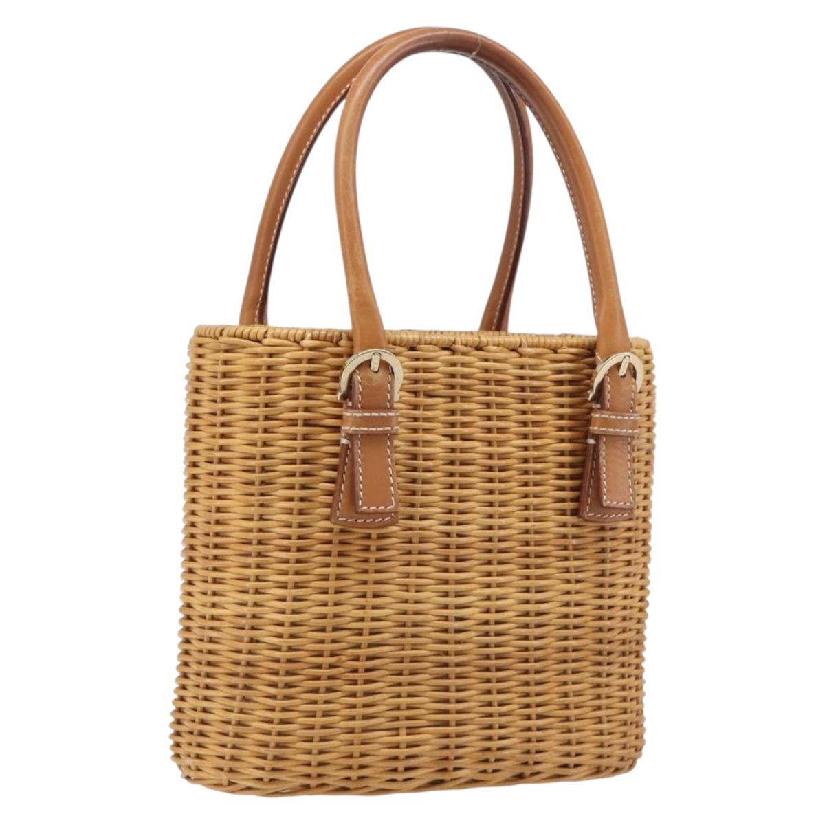 Salvatore Ferragamo Gancini Hand Bag Straw Beige Gold Tone Auth BA16605