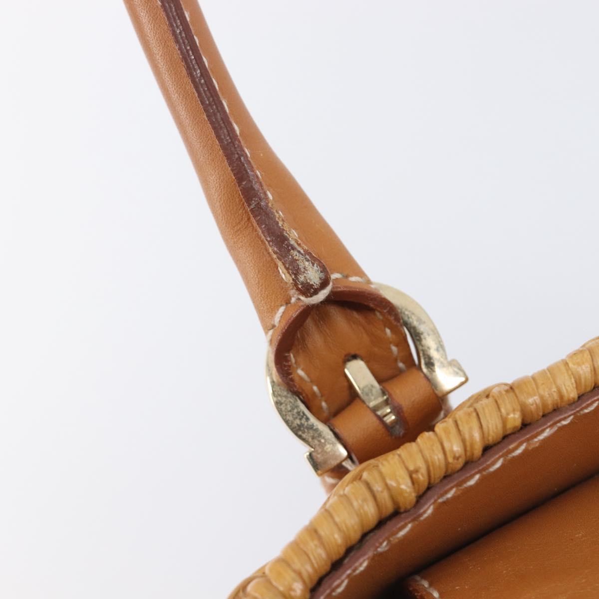 Salvatore Ferragamo Gancini Hand Bag Straw Beige Gold Tone Auth BA16605
