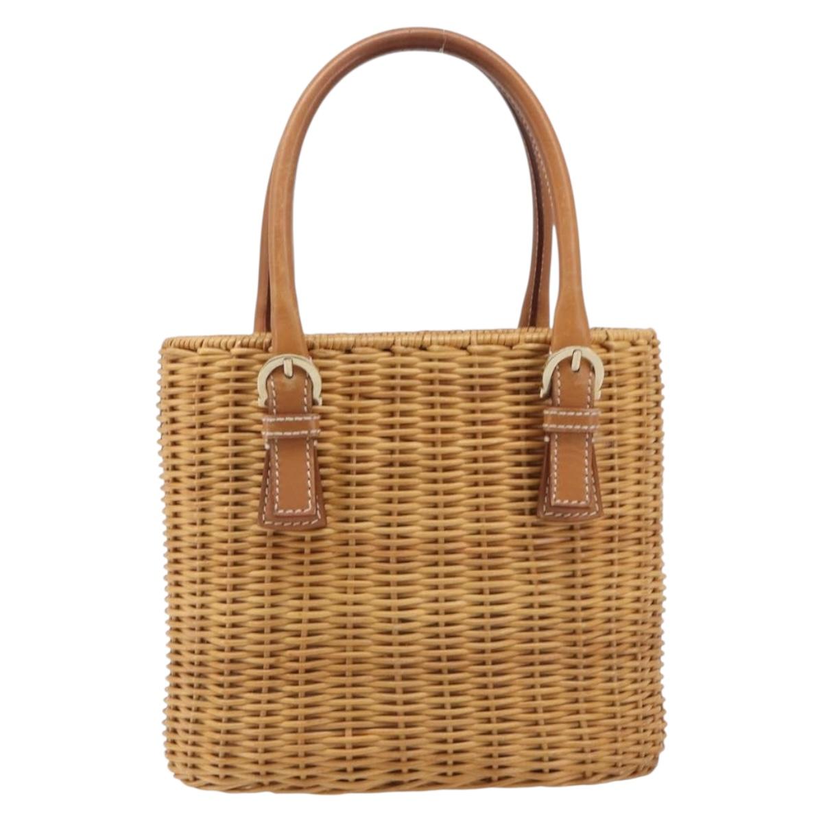 Salvatore Ferragamo Gancini Hand Bag Straw Beige Gold Tone Auth BA16605