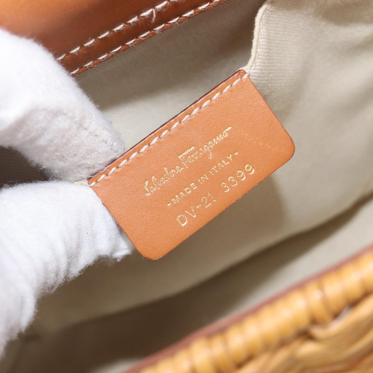 Salvatore Ferragamo Gancini Hand Bag Straw Beige Gold Tone Auth BA16605