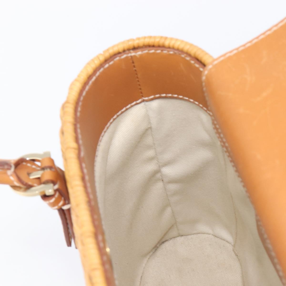 Salvatore Ferragamo Gancini Hand Bag Straw Beige Gold Tone Auth BA16605