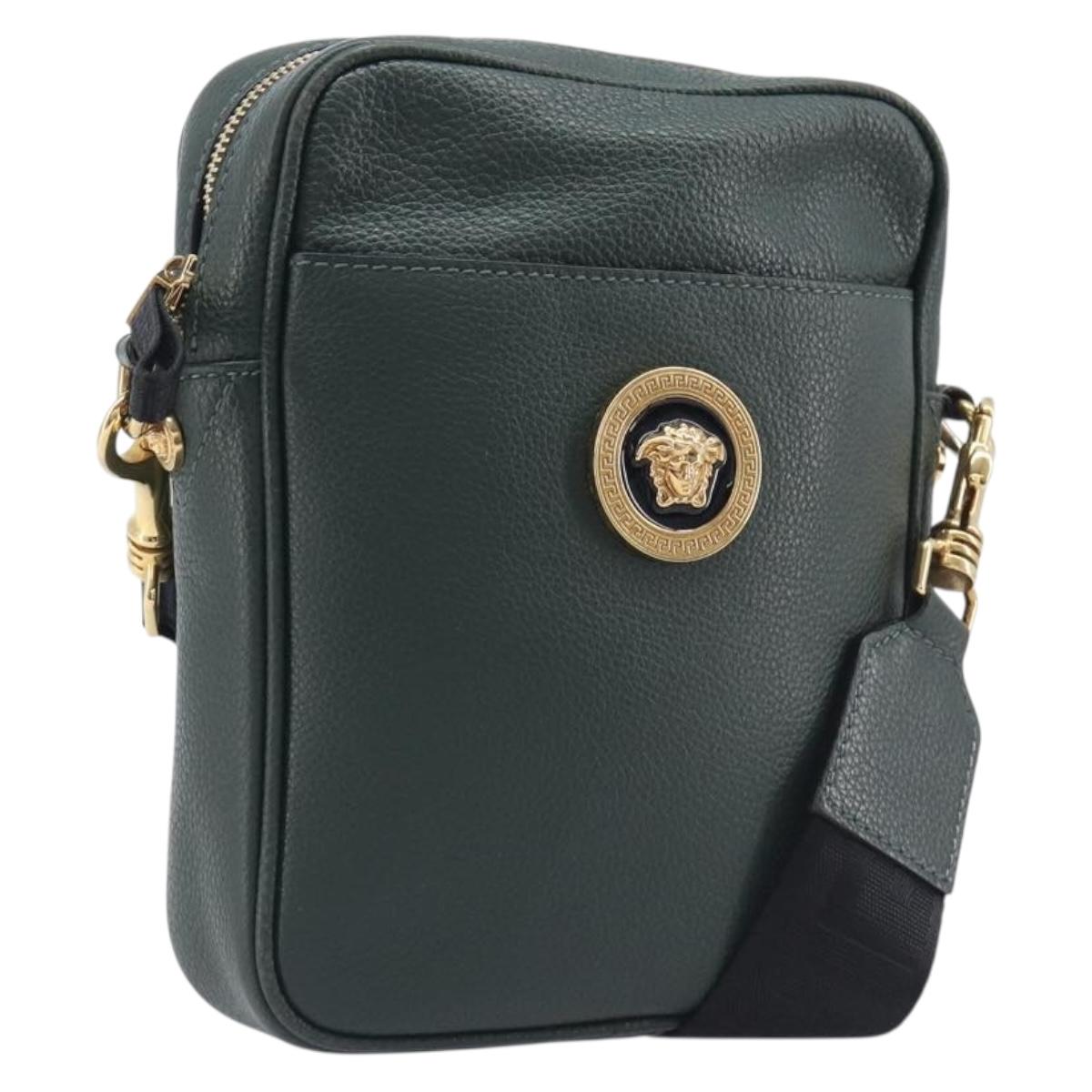 VERSACE Shoulder Bag Leather Khaki Gold Tone Auth BA16614A