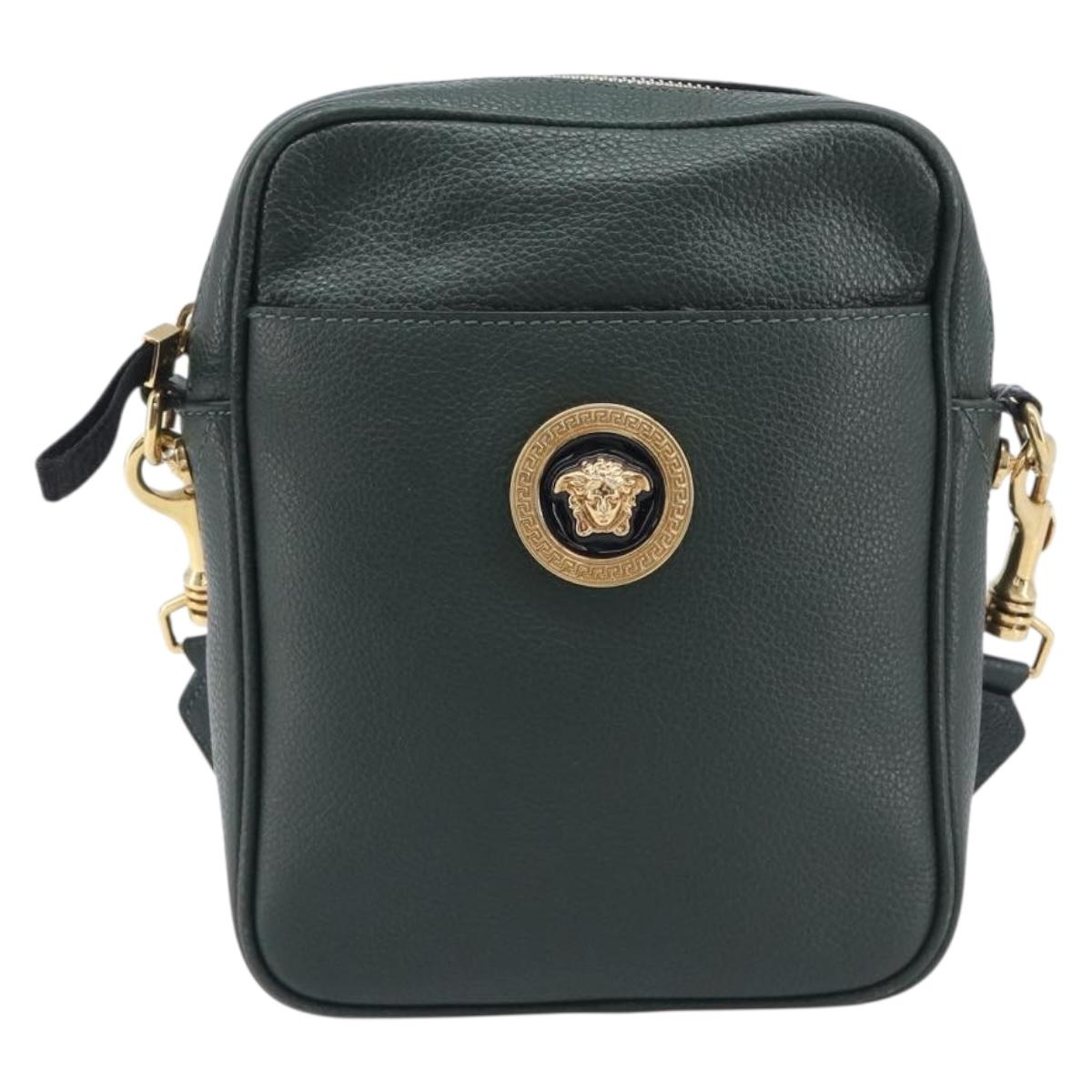 VERSACE Shoulder Bag Leather Khaki Gold Tone Auth BA16614A