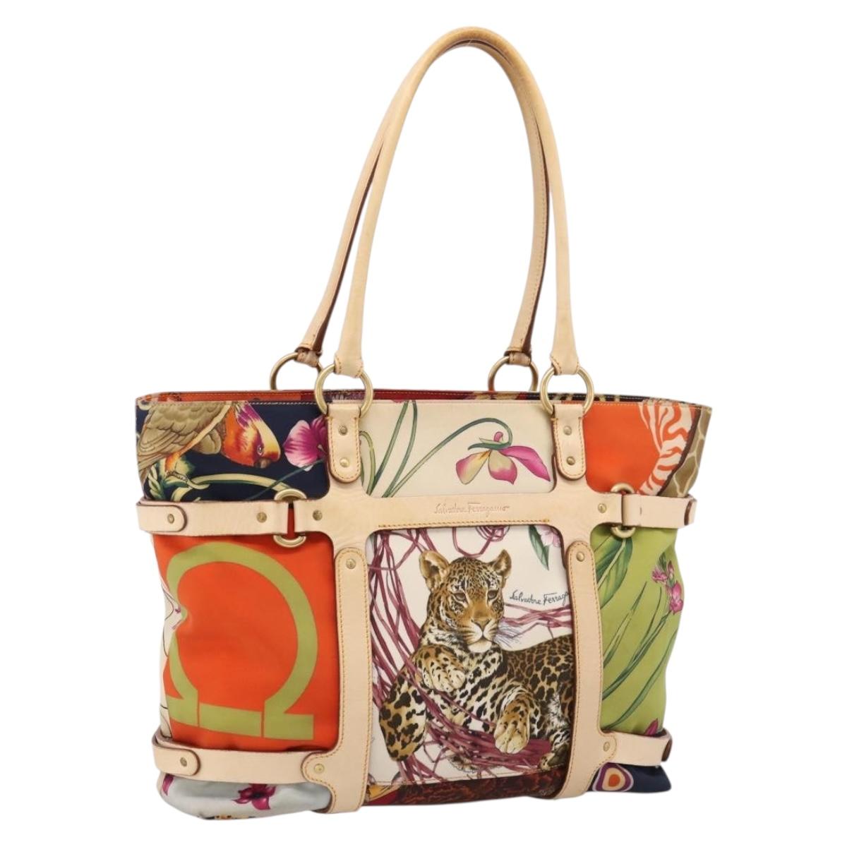 Salvatore Ferragamo Tote Bag Nylon Orange Gold Tone Auth BA16617