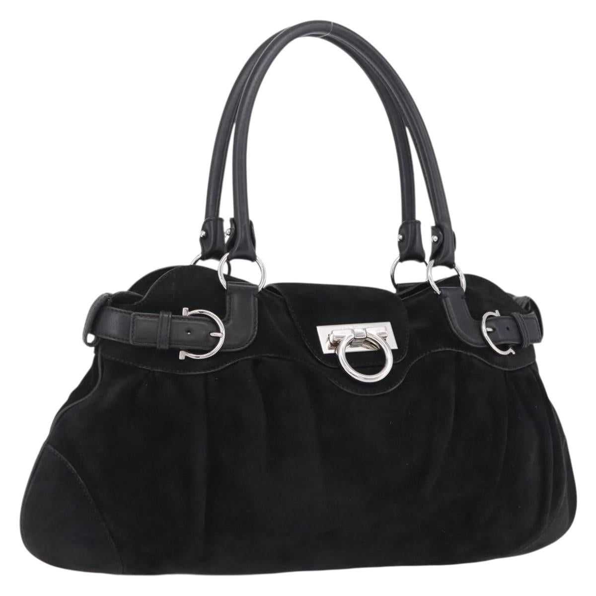 Salvatore Ferragamo Gancini Tote Bag Suede Black Silver Auth BA16622V