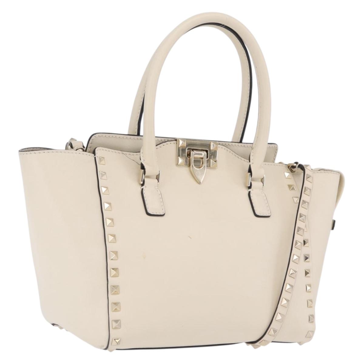 Valentino Rock Studs Tote Bag Leather 2way White Gold Tone Auth BA16624A