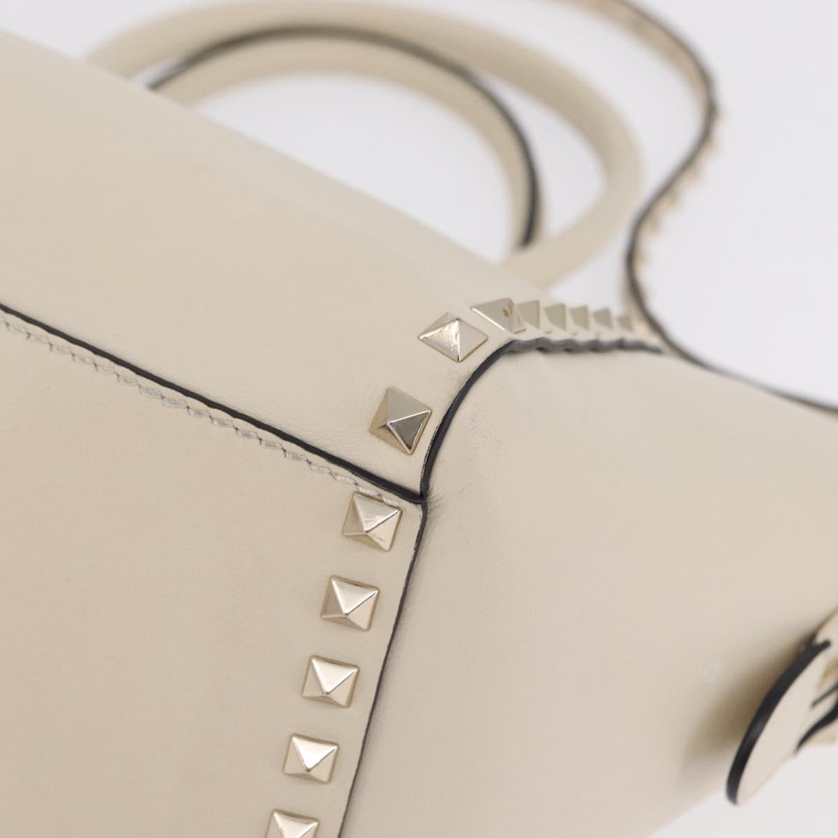 Valentino Rock Studs Tote Bag Leather 2way White Gold Tone Auth BA16624A