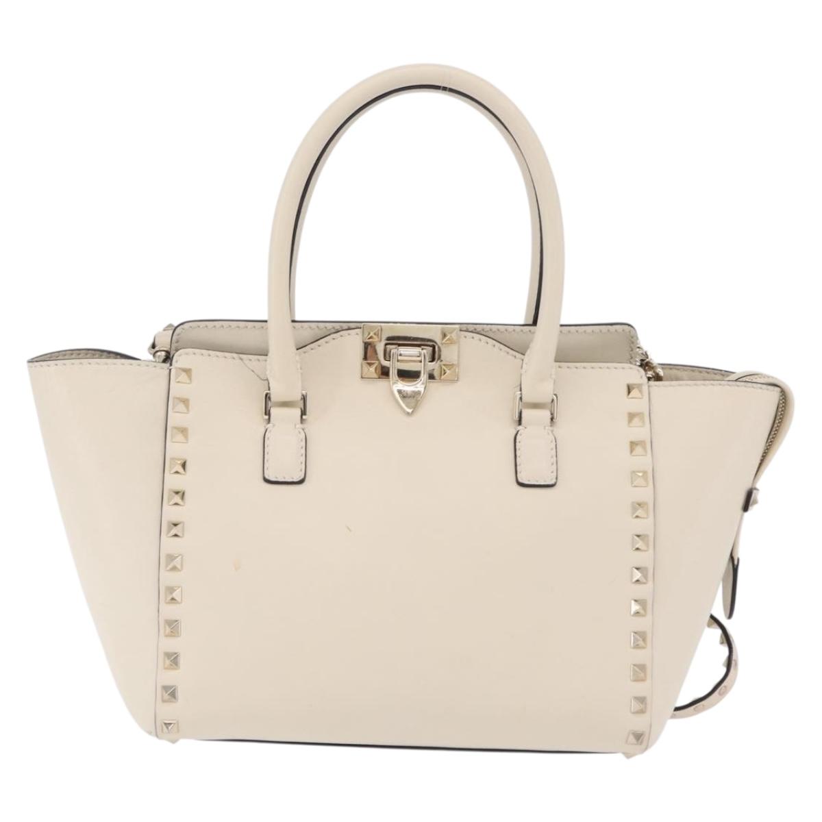Valentino Rock Studs Tote Bag Leather 2way White Gold Tone Auth BA16624A