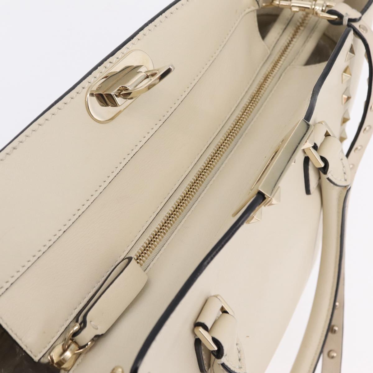 Valentino Rock Studs Tote Bag Leather 2way White Gold Tone Auth BA16624A