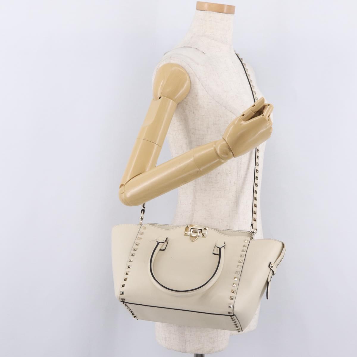 Valentino Rock Studs Tote Bag Leather 2way White Gold Tone Auth BA16624A