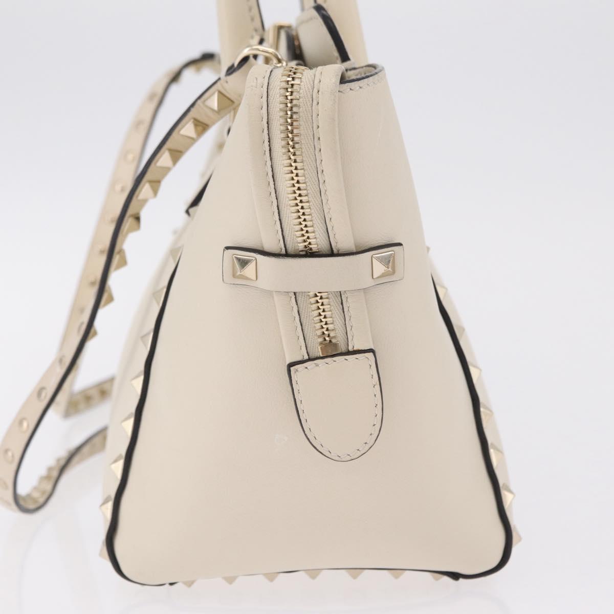 Valentino Rock Studs Tote Bag Leather 2way White Gold Tone Auth BA16624A