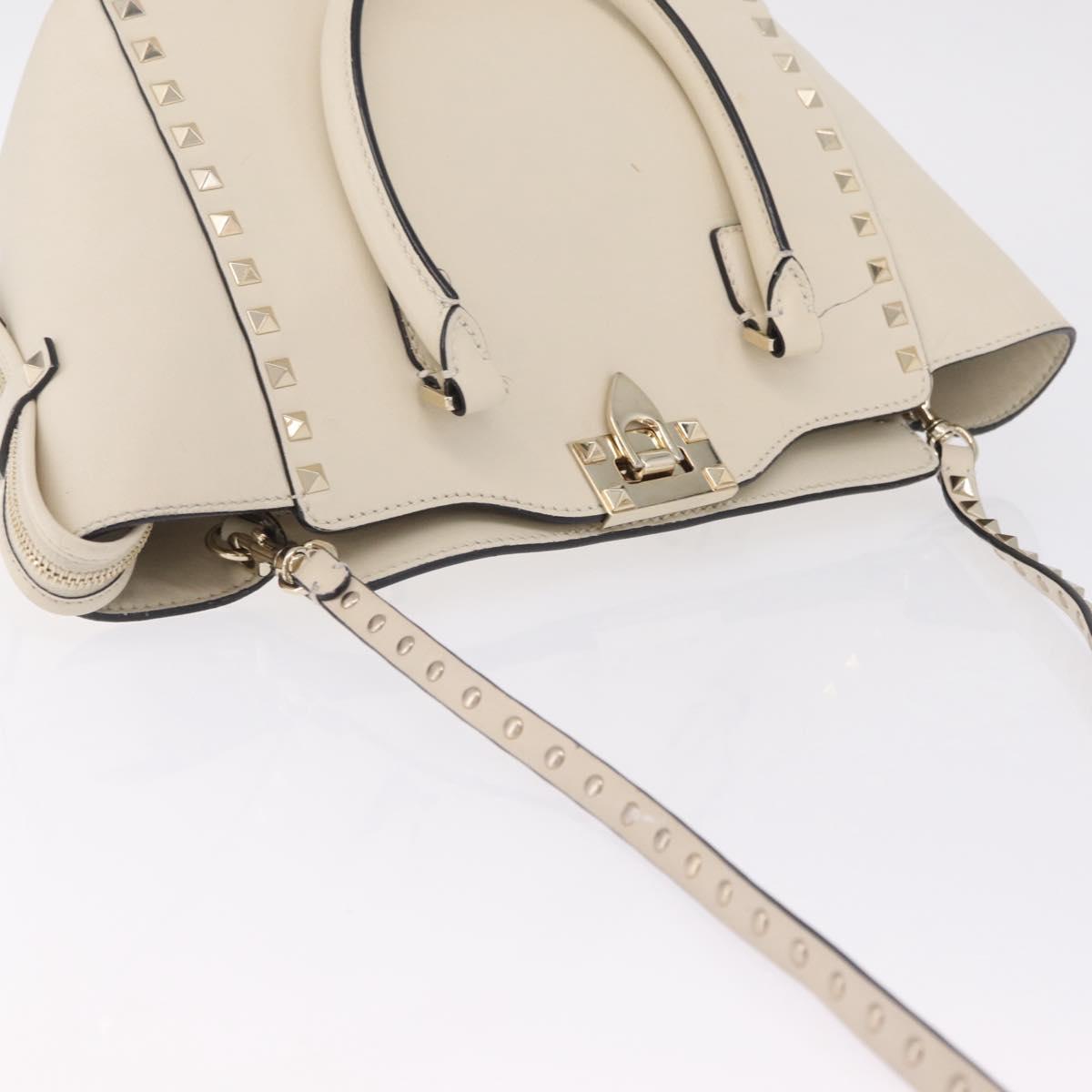 Valentino Rock Studs Tote Bag Leather 2way White Gold Tone Auth BA16624A