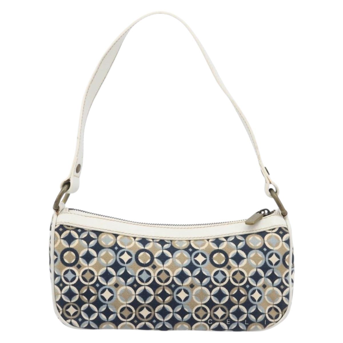 CELINE Hand Bag Canvas Navy Gold Tone Auth BA16627