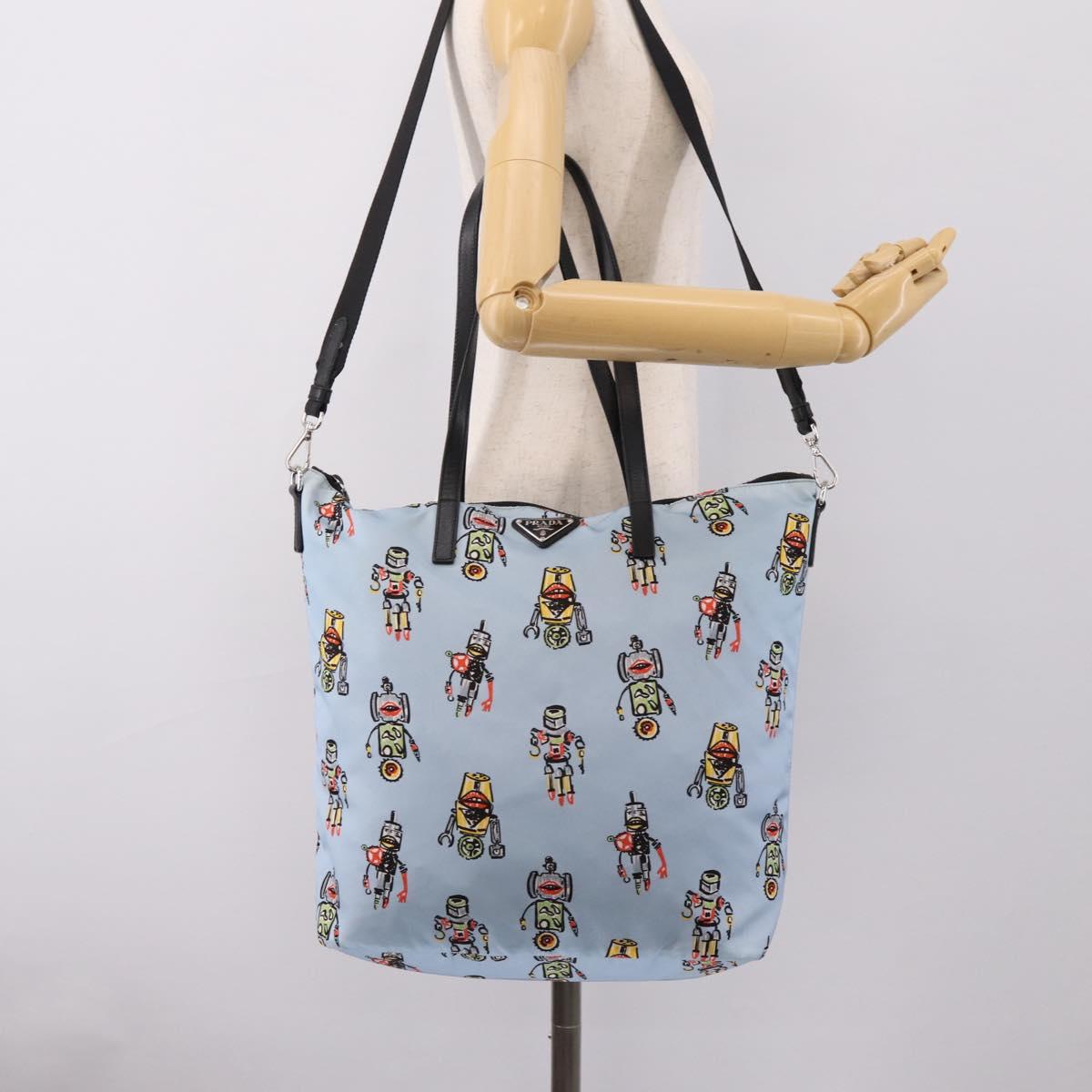 PRADA Tote Bag Nylon 2way Light Blue Silver Auth BA16632A