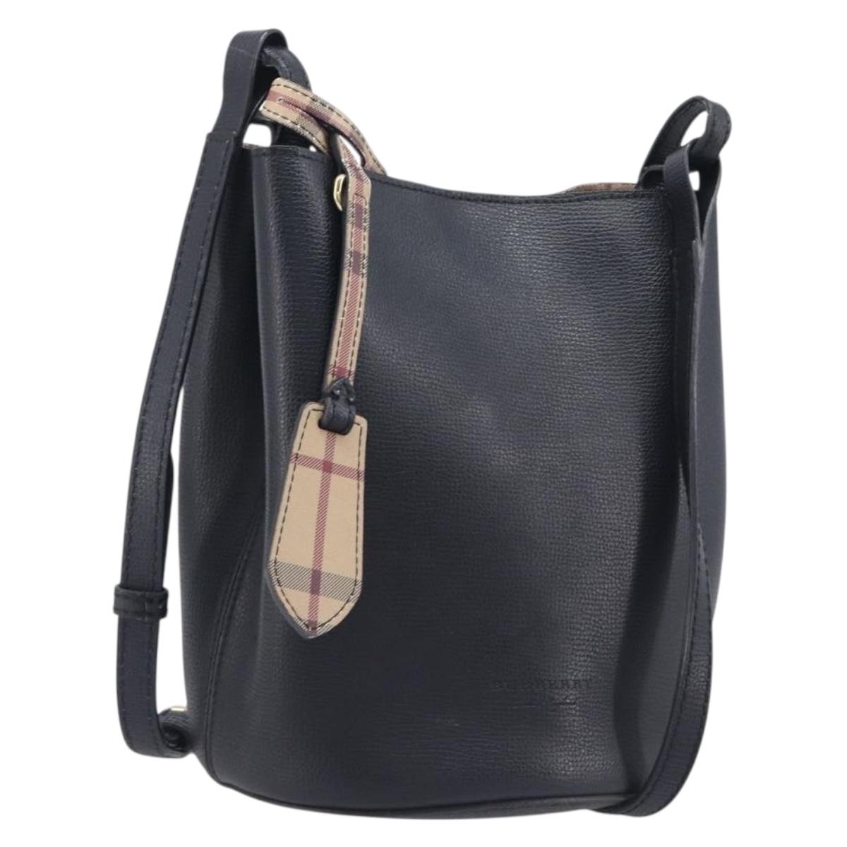 BURBERRY Shoulder Bag Leather Black Gold Tone Auth BA16639