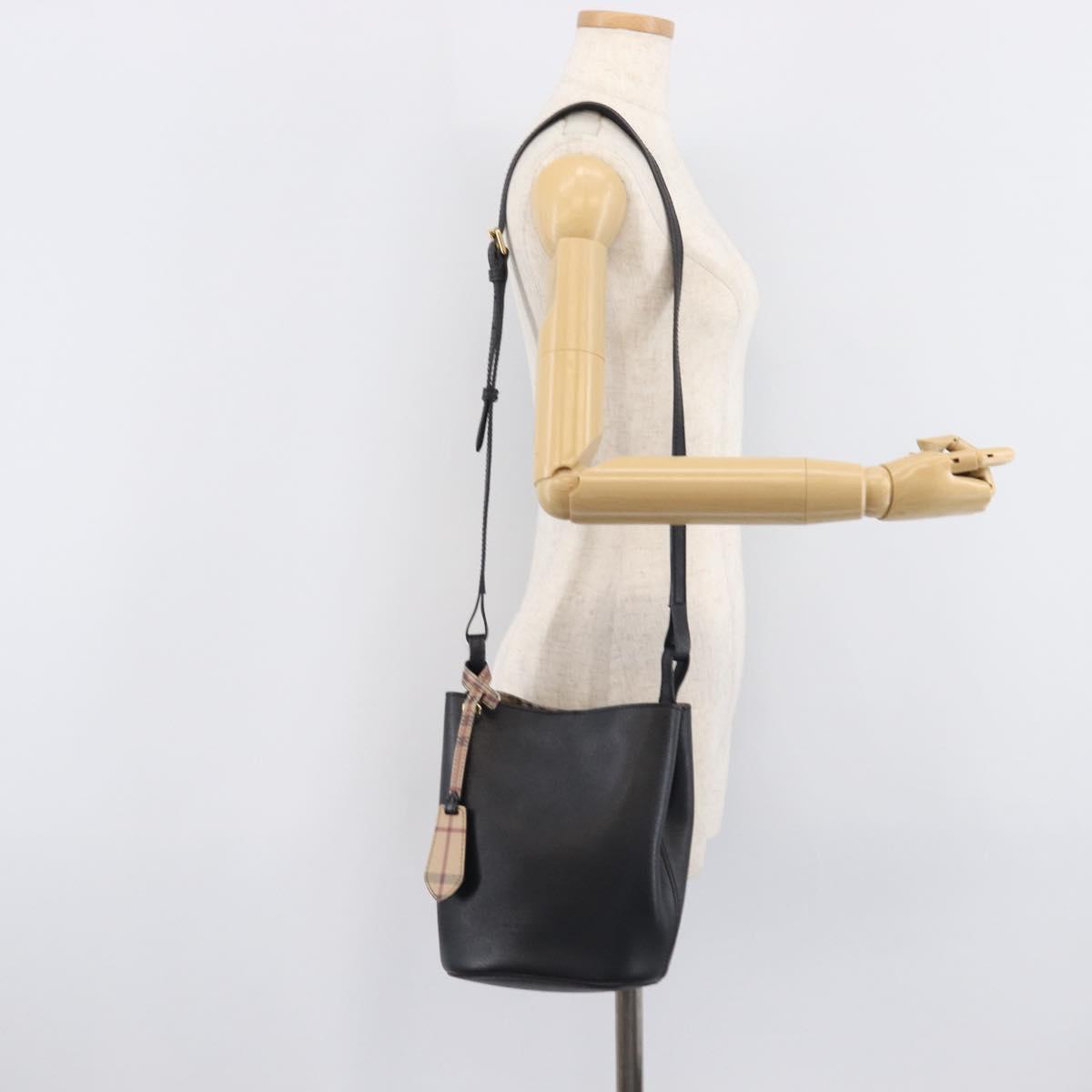 BURBERRY Shoulder Bag Leather Black Gold Tone Auth BA16639