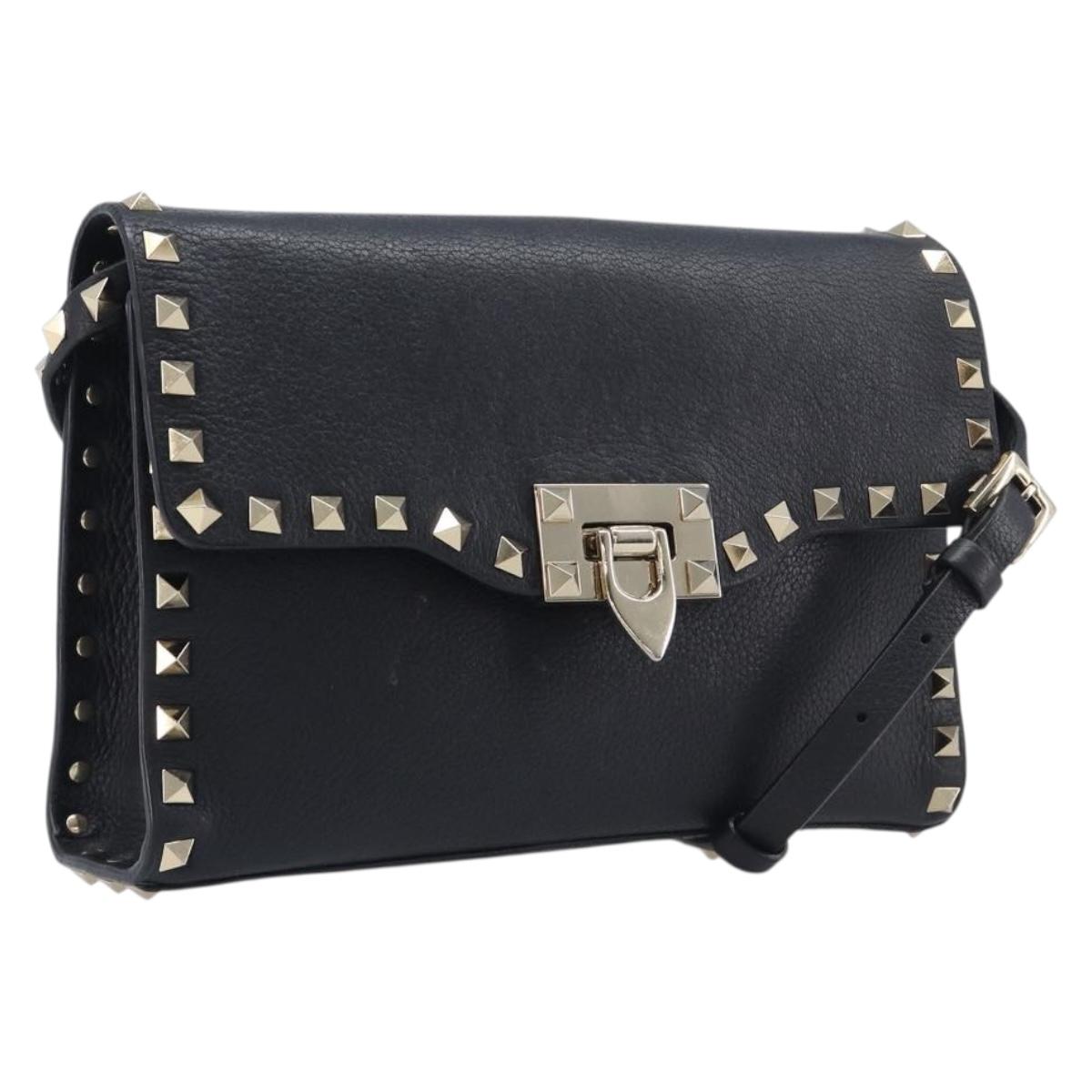 Valentino Rock studs Shoulder Bag Leather Black Gold Tone Auth BA16640A